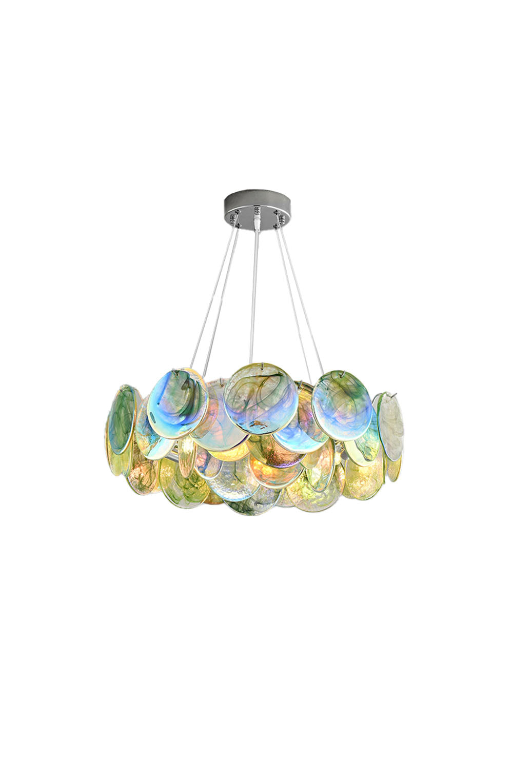 Round Chandelier with Iridescent Glass Discs and Chrome Finish