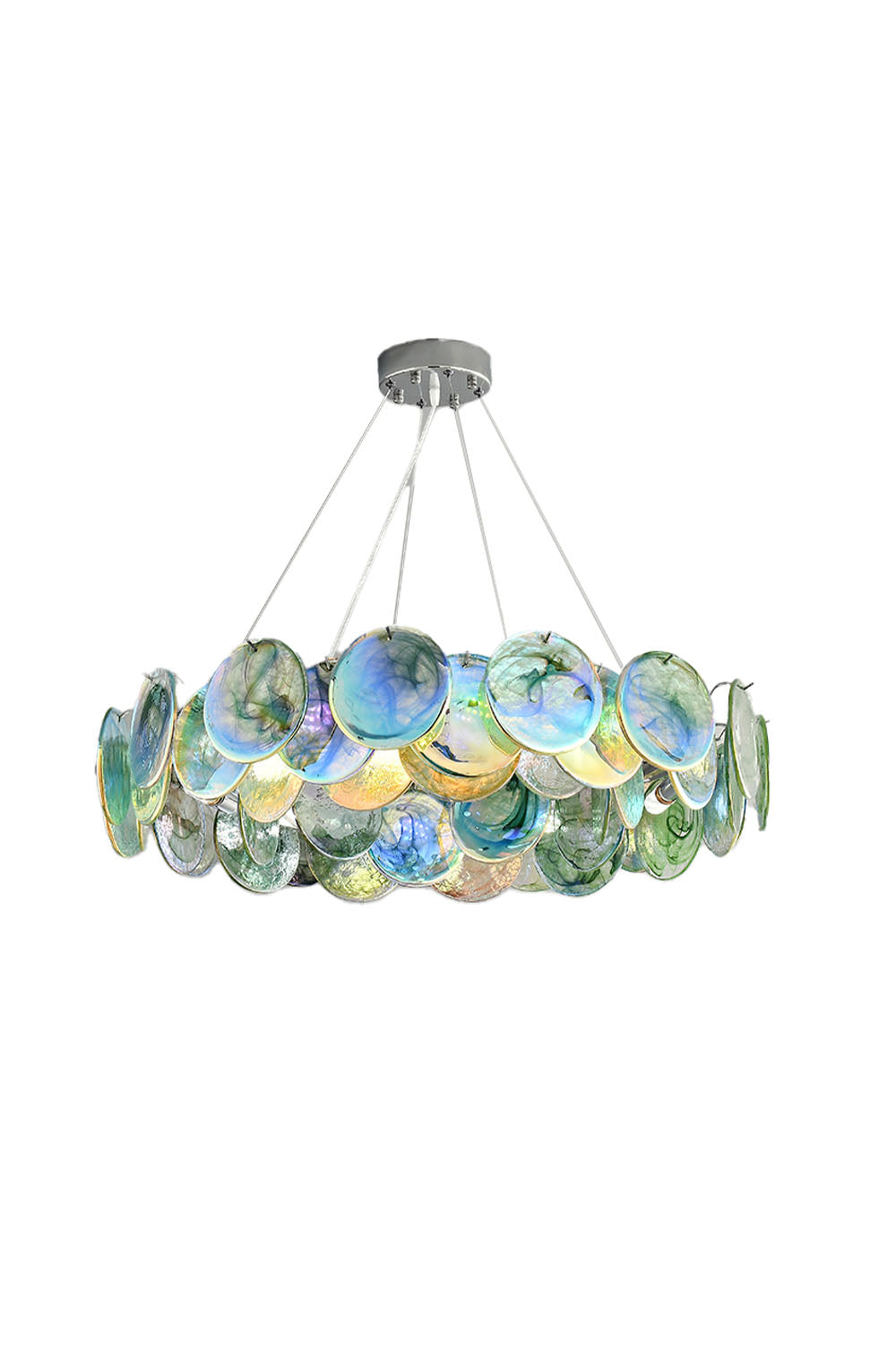 Round Chandelier with Iridescent Glass Discs and Chrome Finish