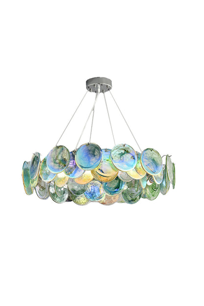 Round Chandelier with Iridescent Glass Discs and Chrome Finish