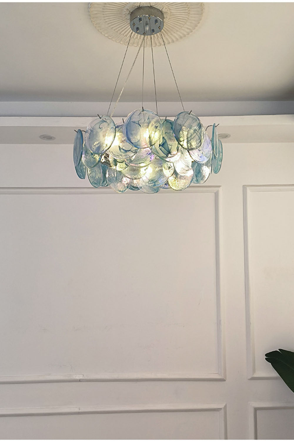 Round Chandelier with Iridescent Glass Discs and Chrome Finish