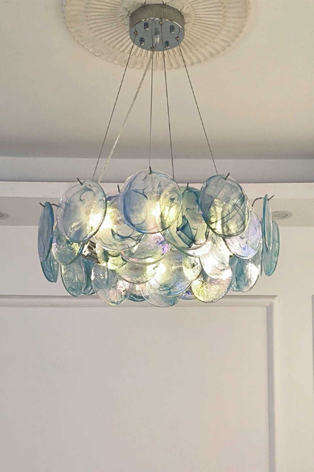 Round Chandelier with Iridescent Glass Discs and Chrome Finish