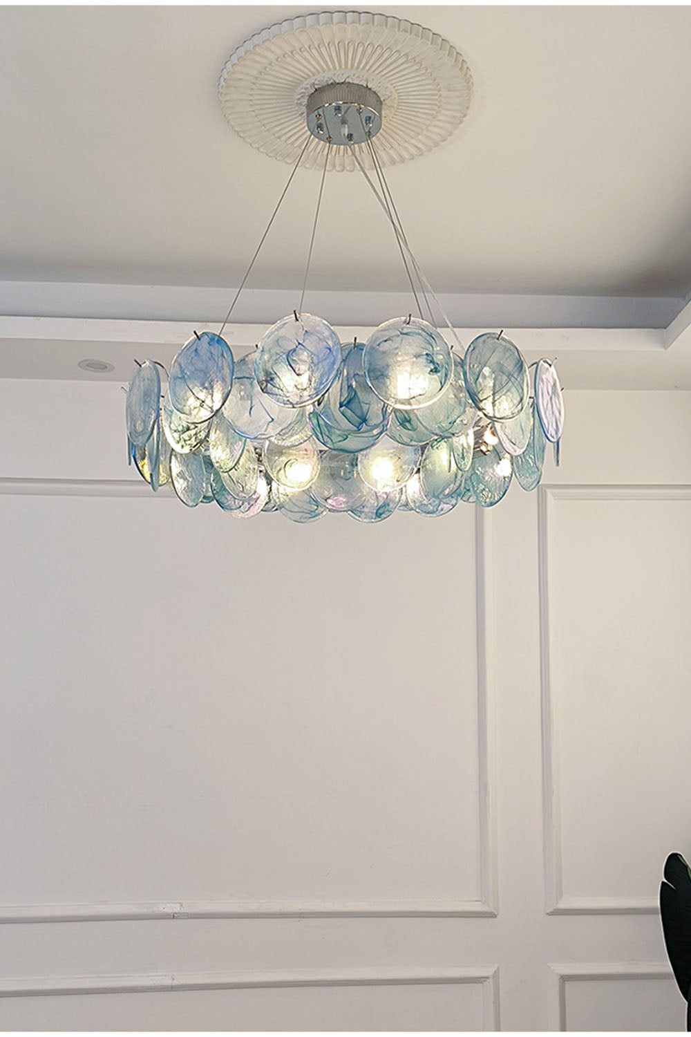 Round Chandelier with Iridescent Glass Discs and Chrome Finish
