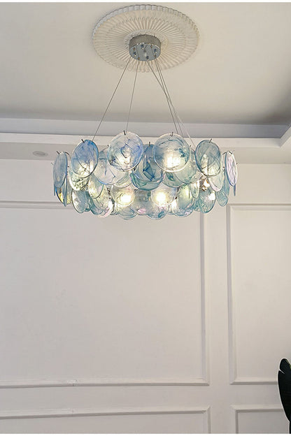 Round Chandelier with Iridescent Glass Discs and Chrome Finish