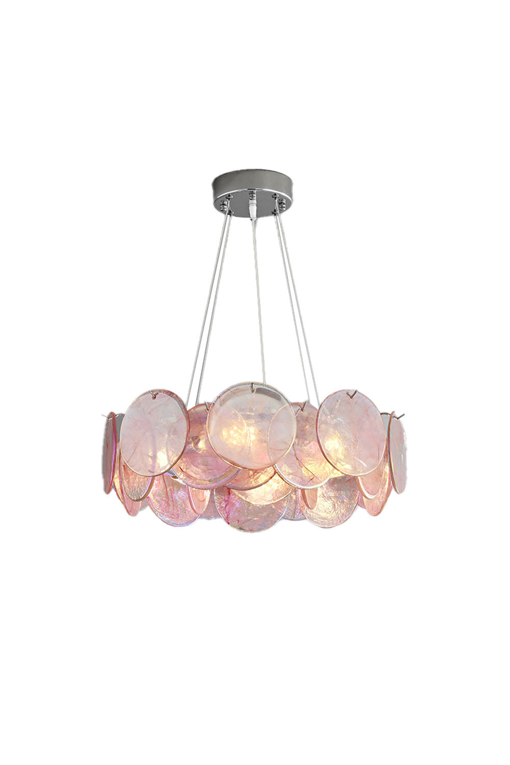 Round Chandelier with Iridescent Glass Discs and Chrome Finish