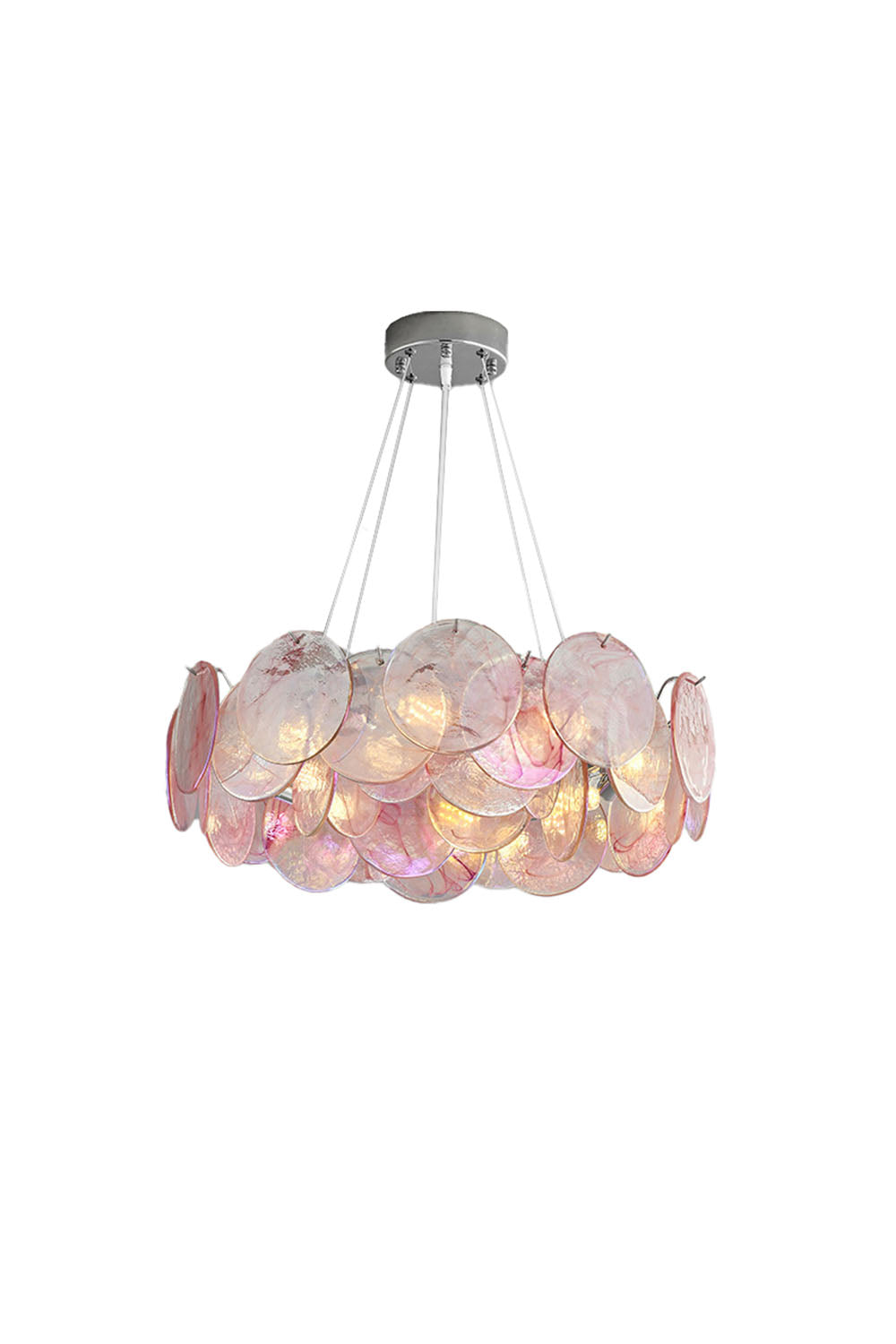 Round Chandelier with Iridescent Glass Discs and Chrome Finish