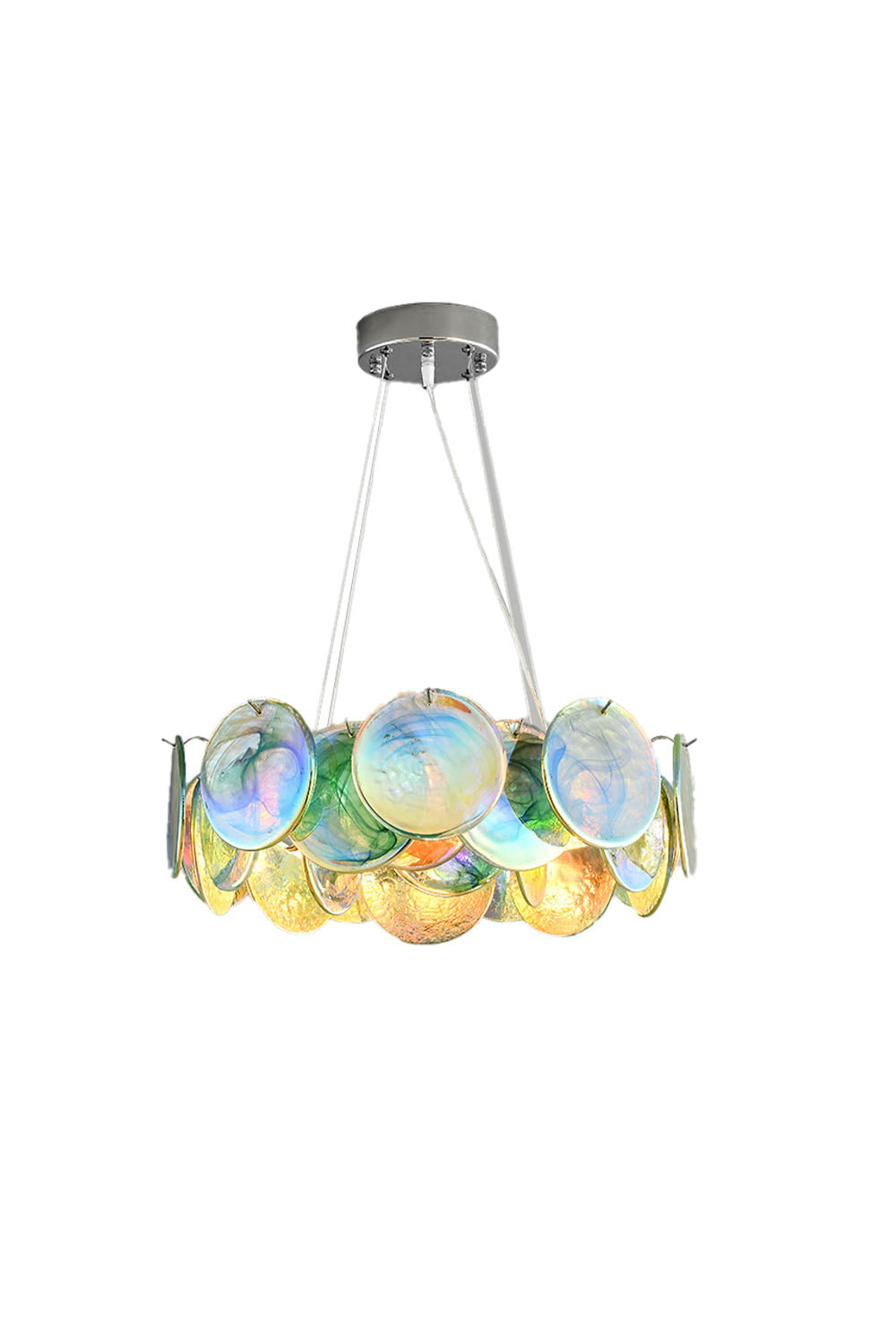 Round Chandelier with Iridescent Glass Discs and Chrome Finish