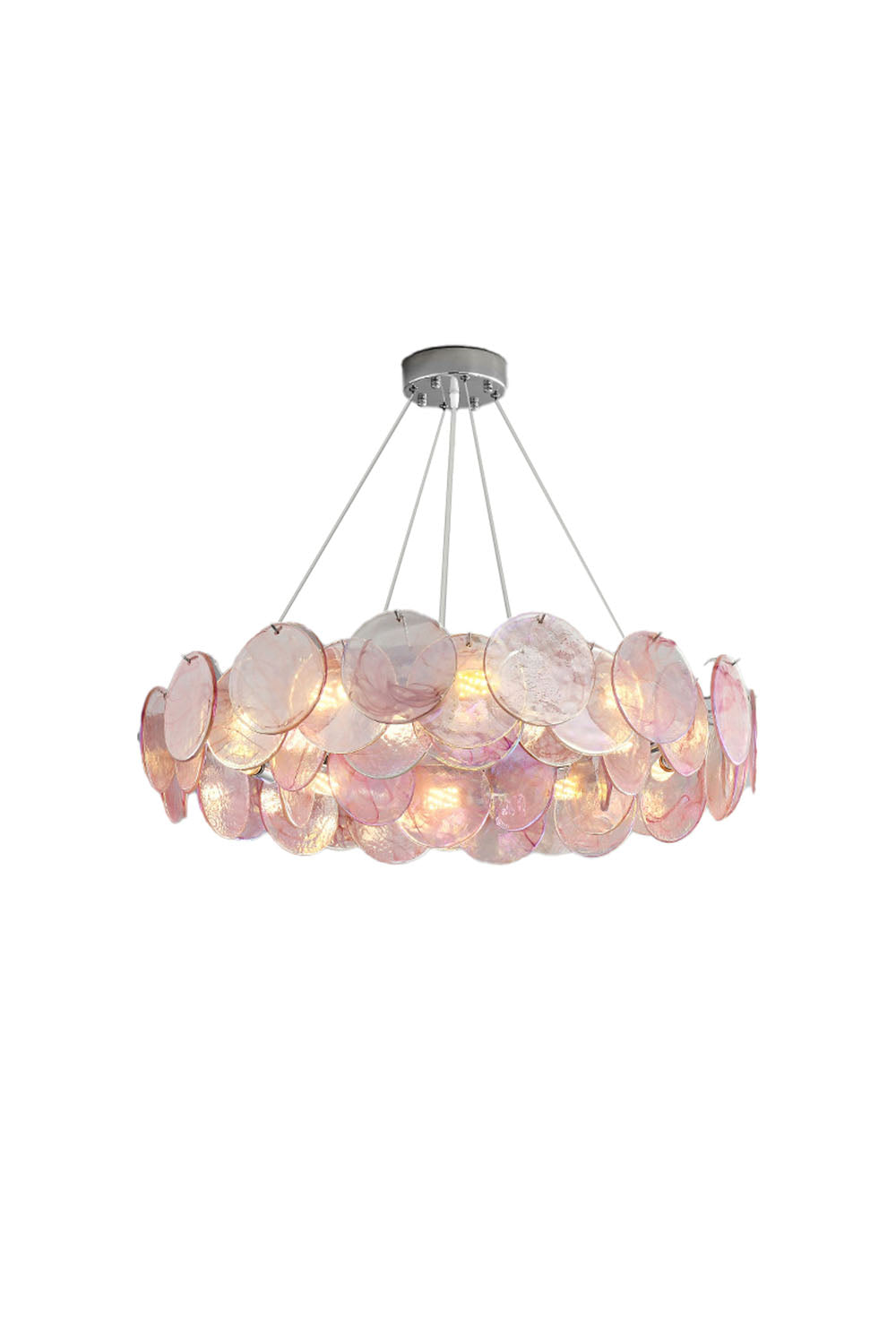 Round Chandelier with Iridescent Glass Discs and Chrome Finish