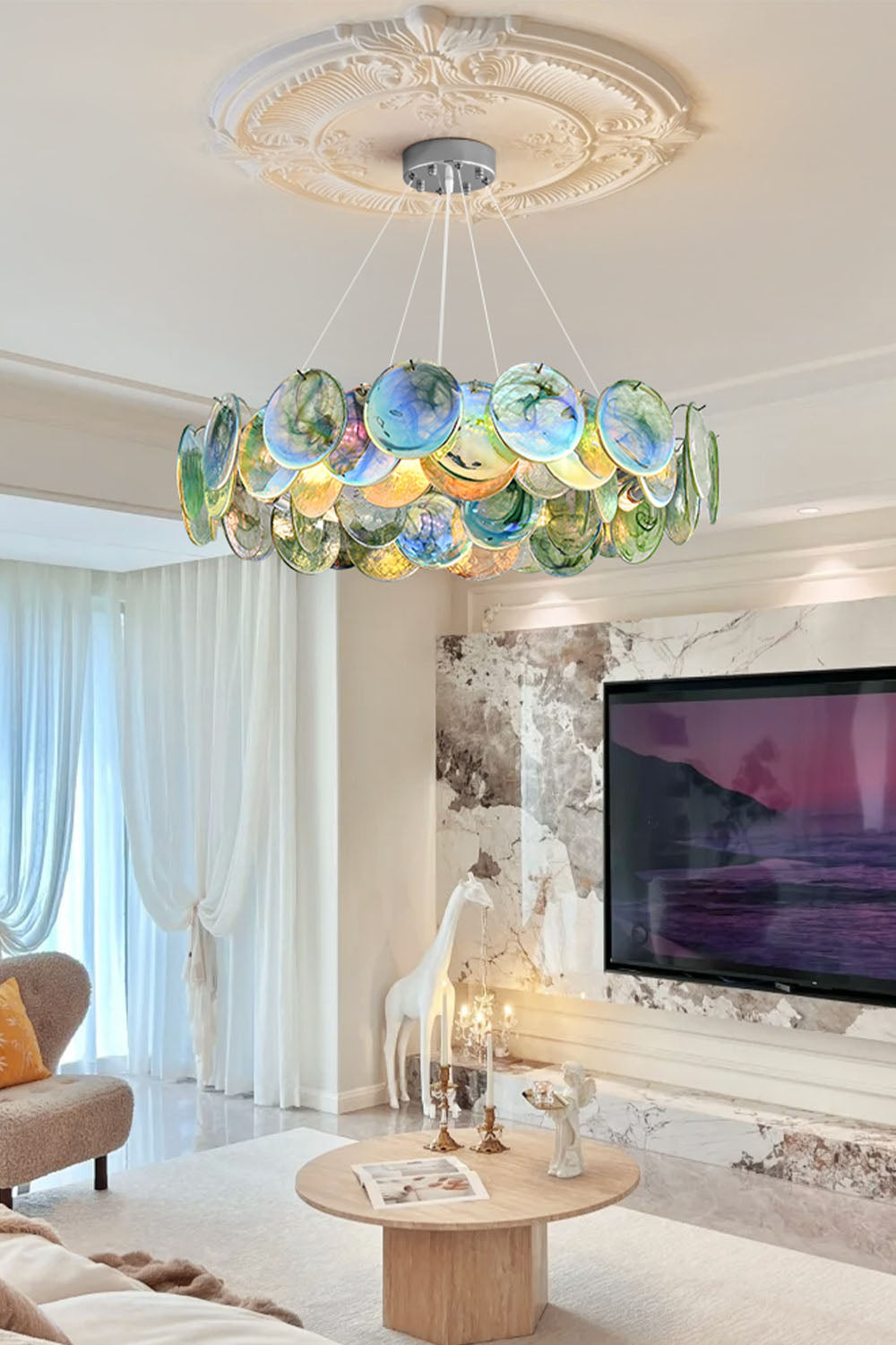 Round Chandelier with Iridescent Glass Discs and Chrome Finish