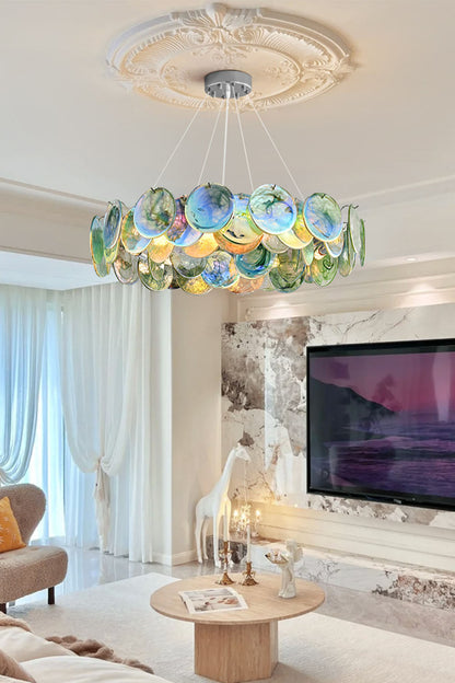Round Chandelier with Iridescent Glass Discs and Chrome Finish
