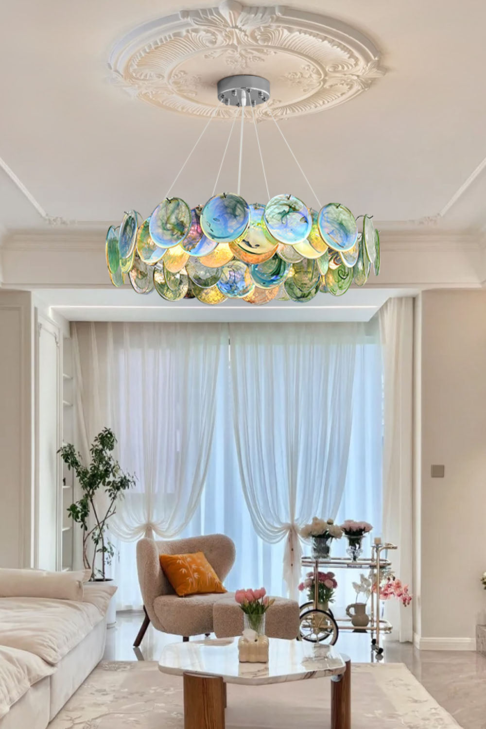 Round Chandelier with Iridescent Glass Discs and Chrome Finish