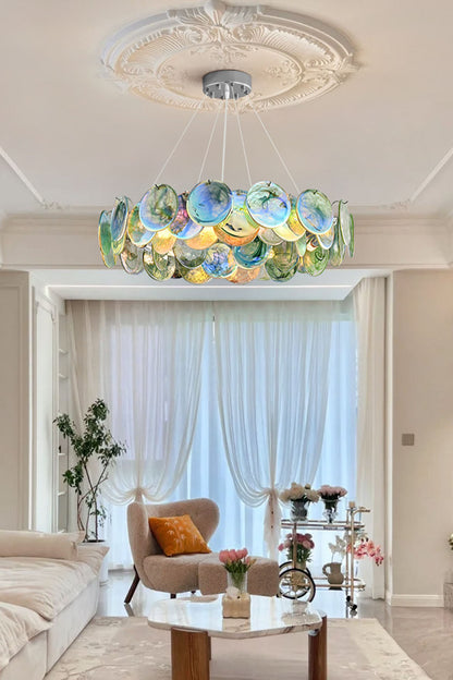 Round Chandelier with Iridescent Glass Discs and Chrome Finish