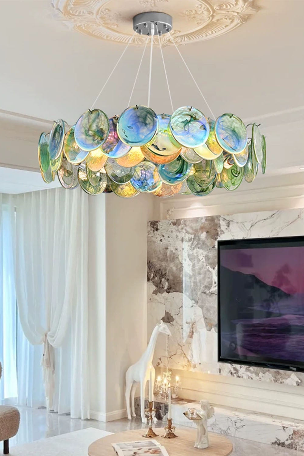 Round Chandelier with Iridescent Glass Discs and Chrome Finish