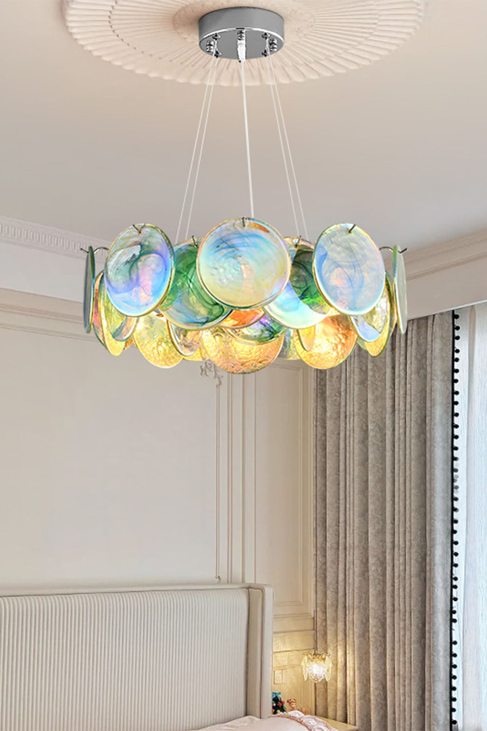 Round Chandelier with Iridescent Glass Discs and Chrome Finish