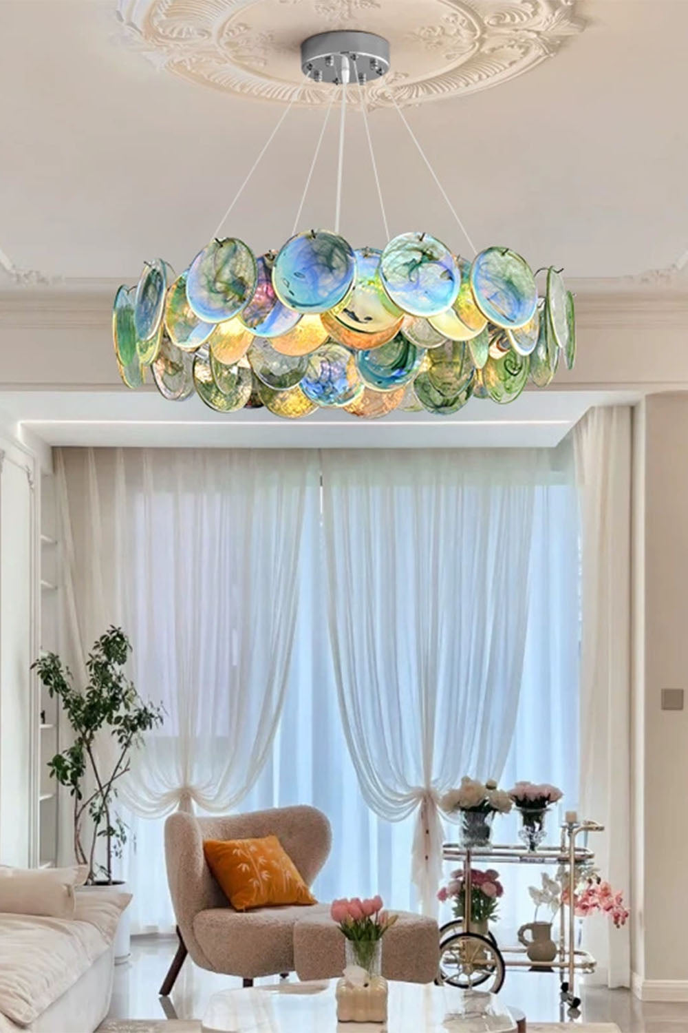 Round Chandelier with Iridescent Glass Discs and Chrome Finish