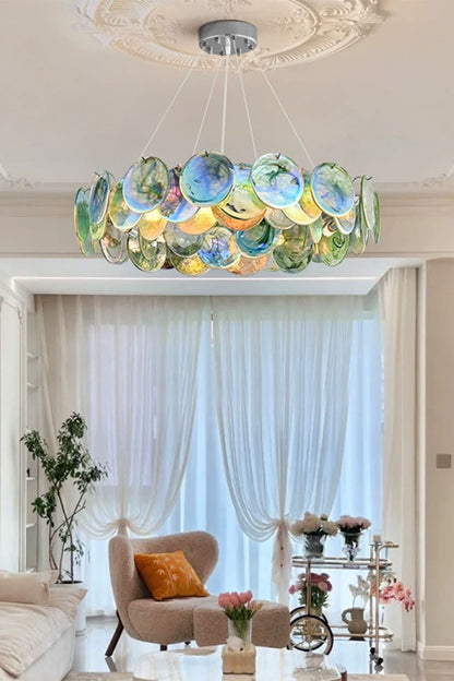 Round Chandelier with Iridescent Glass Discs and Chrome Finish