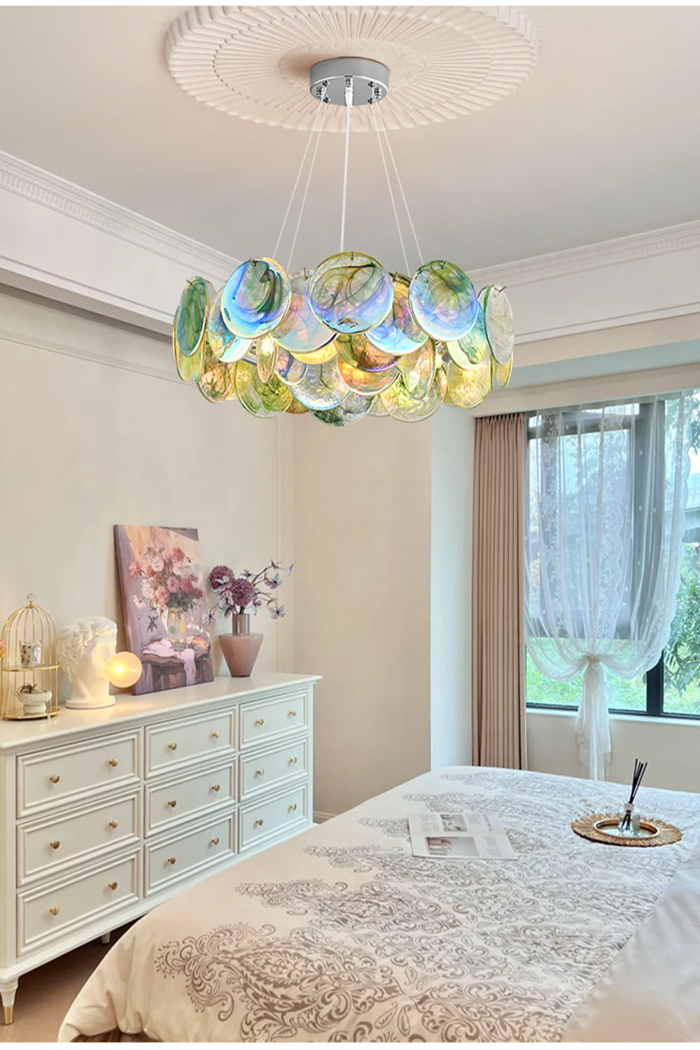 Round Chandelier with Iridescent Glass Discs and Chrome Finish
