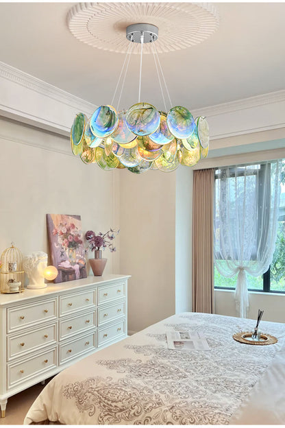 Round Chandelier with Iridescent Glass Discs and Chrome Finish