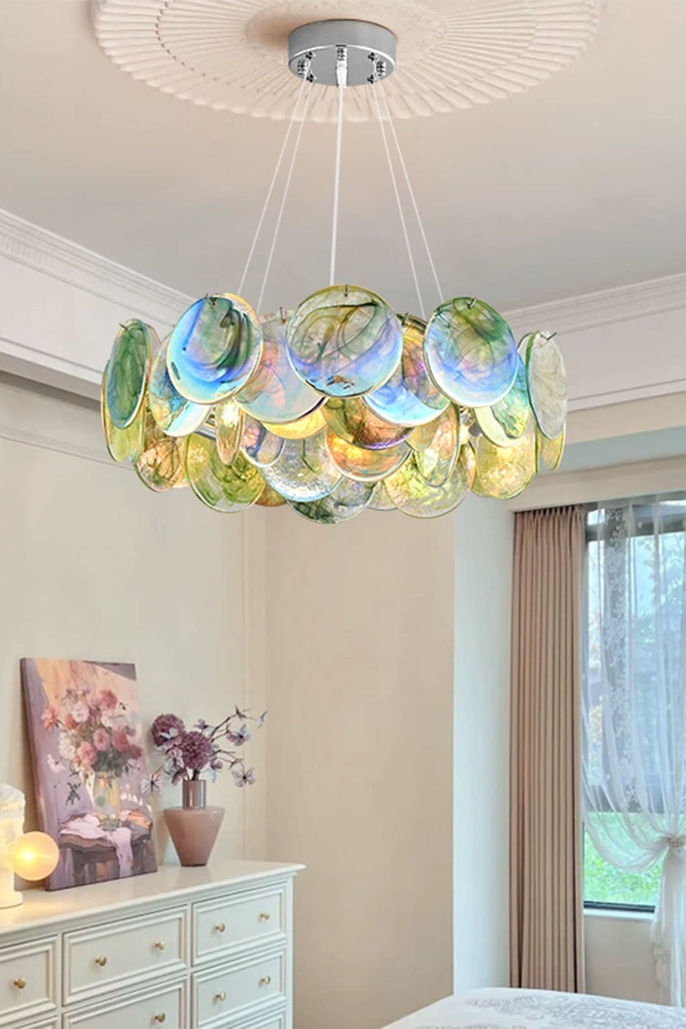 Round Chandelier with Iridescent Glass Discs and Chrome Finish