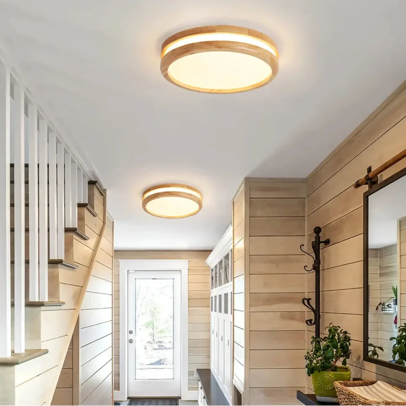 Round LED Ceiling Light Scandinavian with Wood Frame