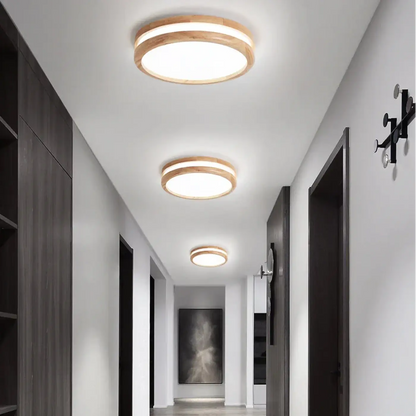 Round LED Ceiling Light Scandinavian with Wood Frame