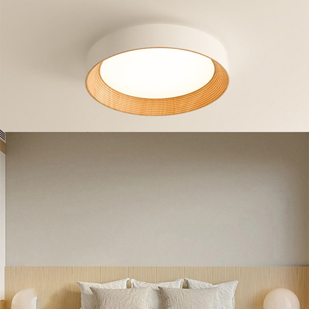 Round LED Ceiling Light Scandinavian with Wood Grain Ring and 3 Color Settings
