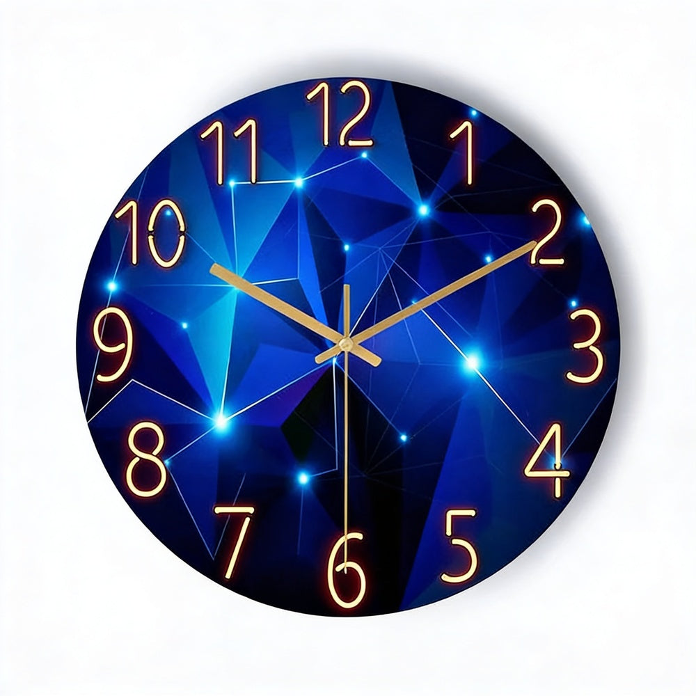 Round Wall Clock with Silent Quartz Movement and Geometric Glass Face
