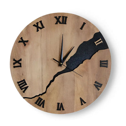 Round Wood Wall Clock with Silent Sweep Movement and Cracked Resin Design