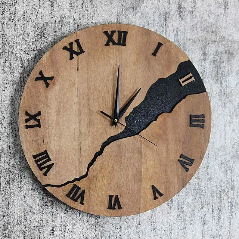 Round Wood Wall Clock with Silent Sweep Movement and Cracked Resin Design