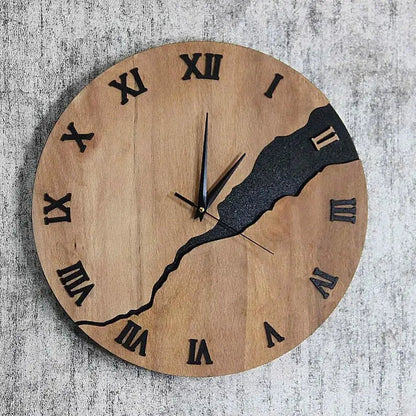 Round Wood Wall Clock with Silent Sweep Movement and Cracked Resin Design