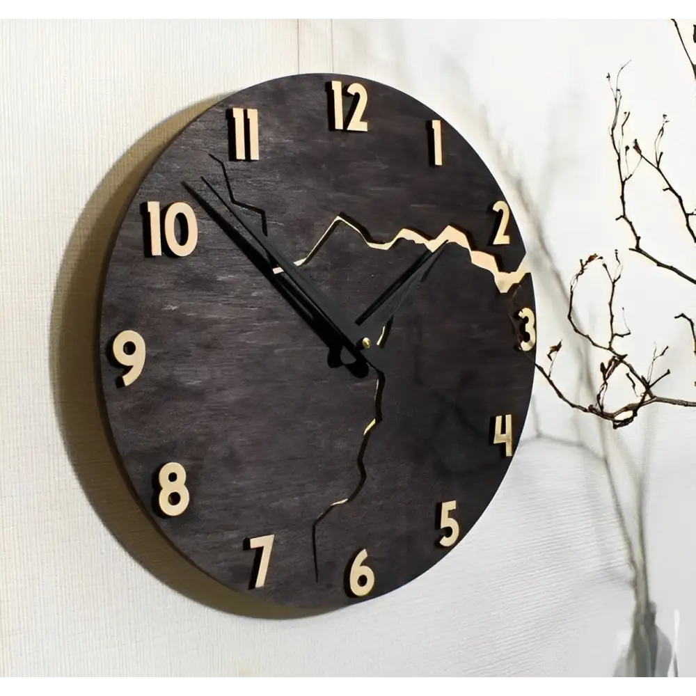Round Wood Wall Clock with Silent Sweep Movement and Cracked Resin Design