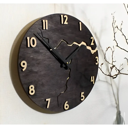 Round Wood Wall Clock with Silent Sweep Movement and Cracked Resin Design