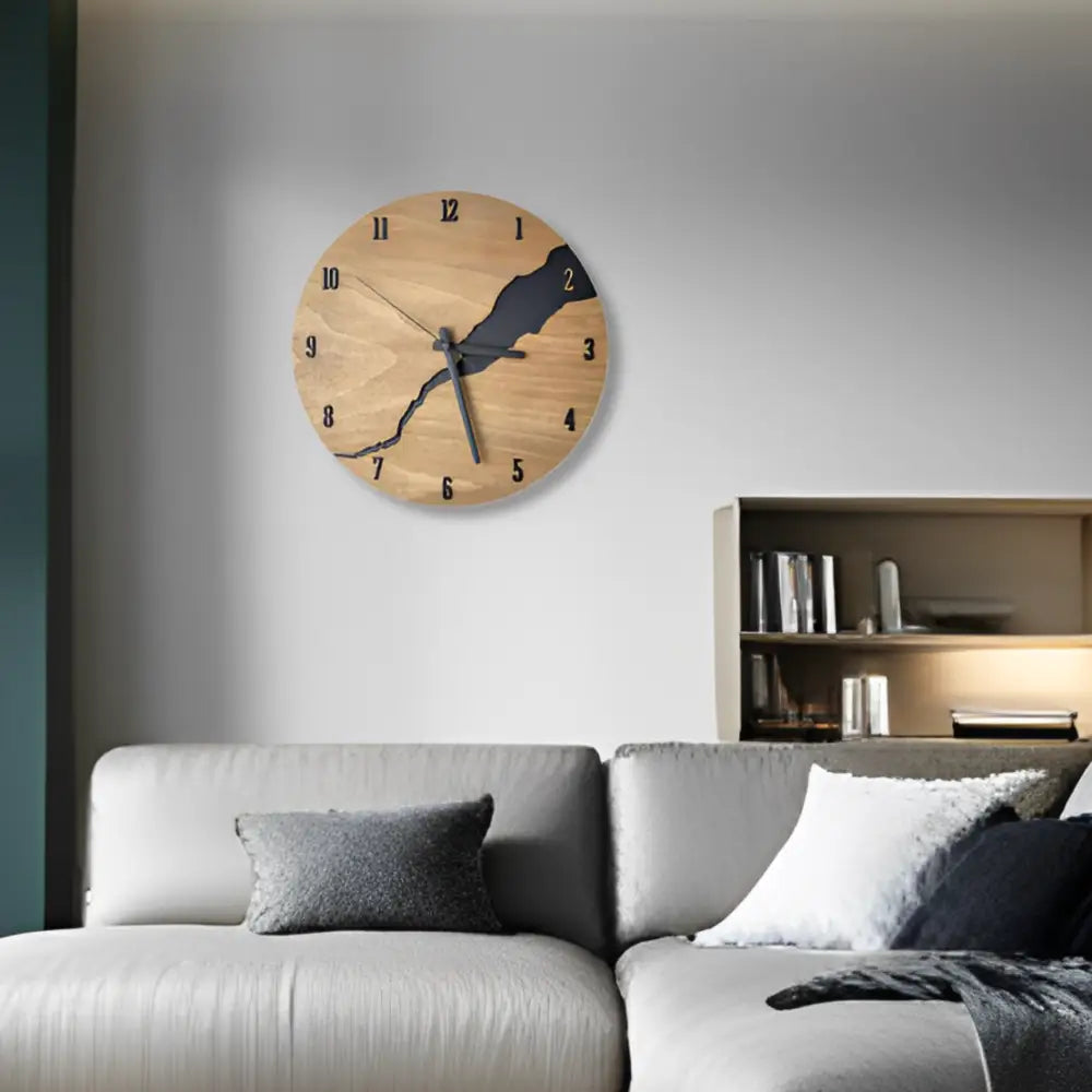 Round Wood Wall Clock with Silent Sweep Movement and Cracked Resin Design