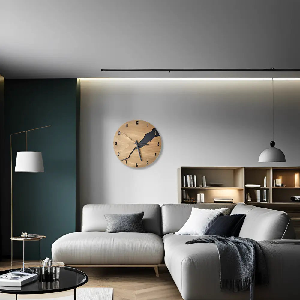 Round Wood Wall Clock with Silent Sweep Movement and Cracked Resin Design