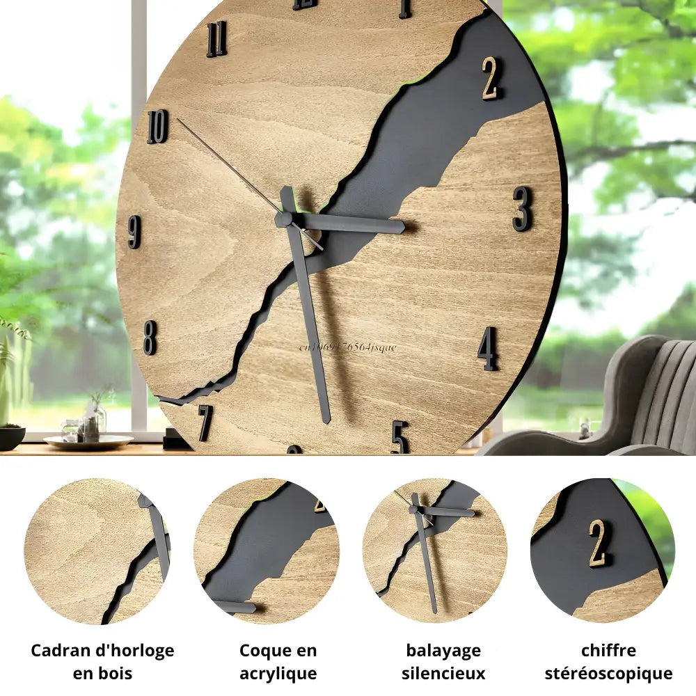 Round Wood Wall Clock with Silent Sweep Movement and Cracked Resin Design