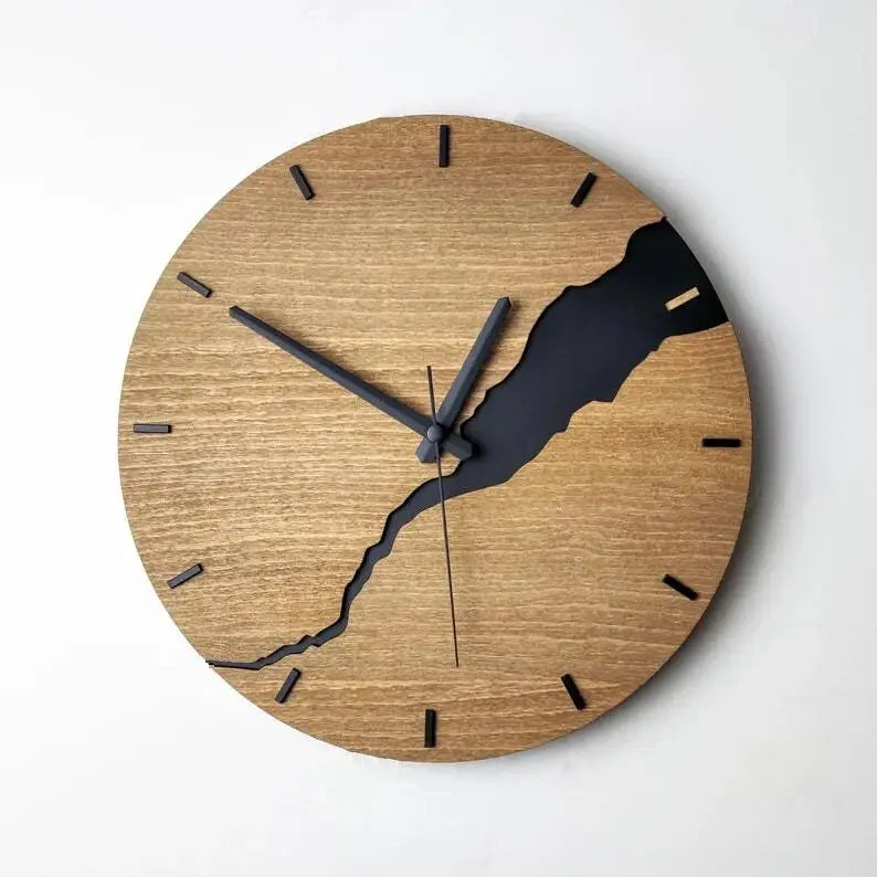 Round Wood Wall Clock with Silent Sweep Movement and Cracked Resin Design