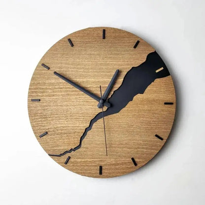 Round Wood Wall Clock with Silent Sweep Movement and Cracked Resin Design