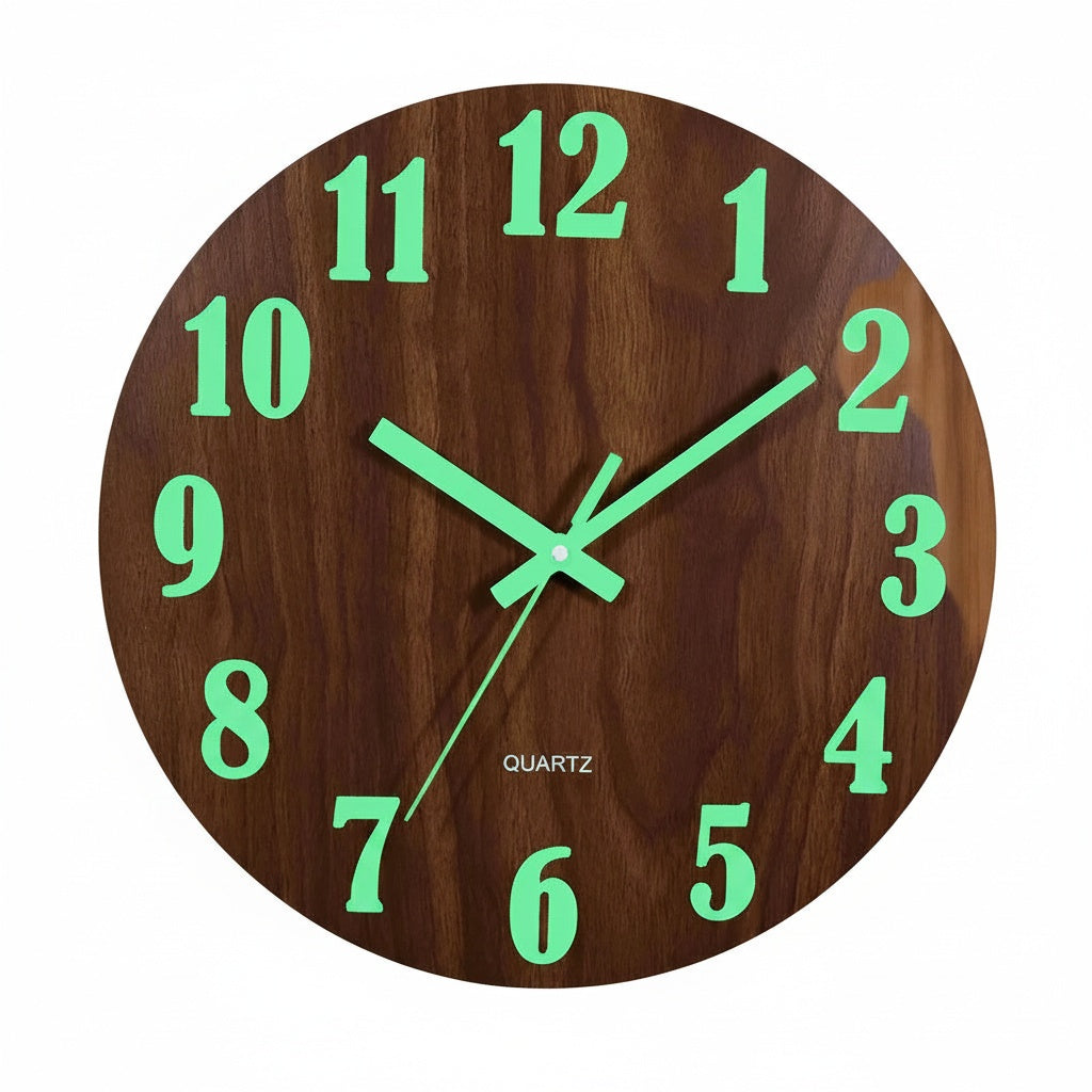 Round Wooden Wall Clock with Glow in the Dark Numbers and Silent Quartz Movement