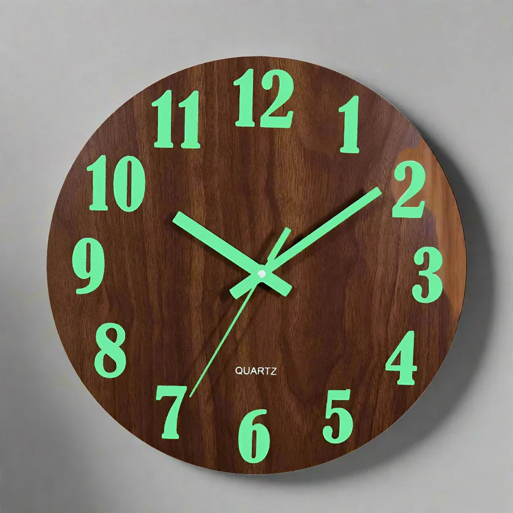 Round Wooden Wall Clock with Glow in the Dark Numbers and Silent Quartz Movement