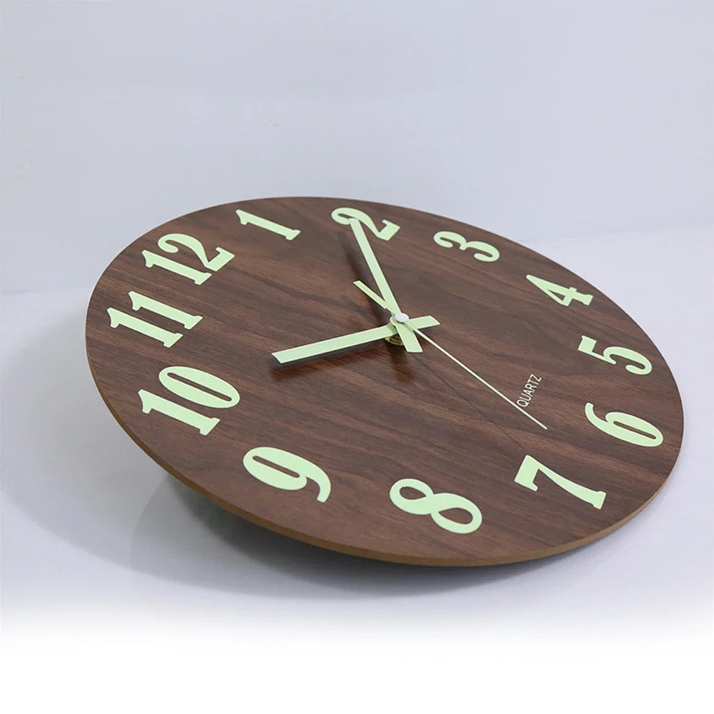 Round Wooden Wall Clock with Glow in the Dark Numbers and Silent Quartz Movement