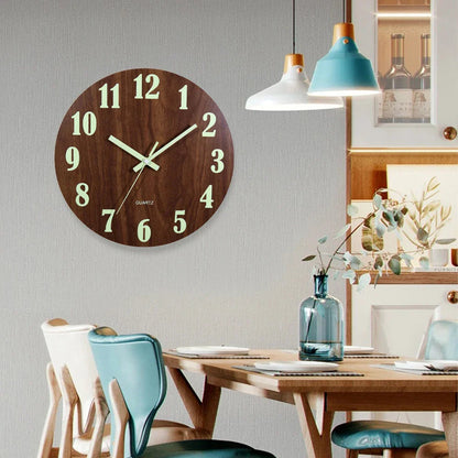 Round Wooden Wall Clock with Glow in the Dark Numbers and Silent Quartz Movement
