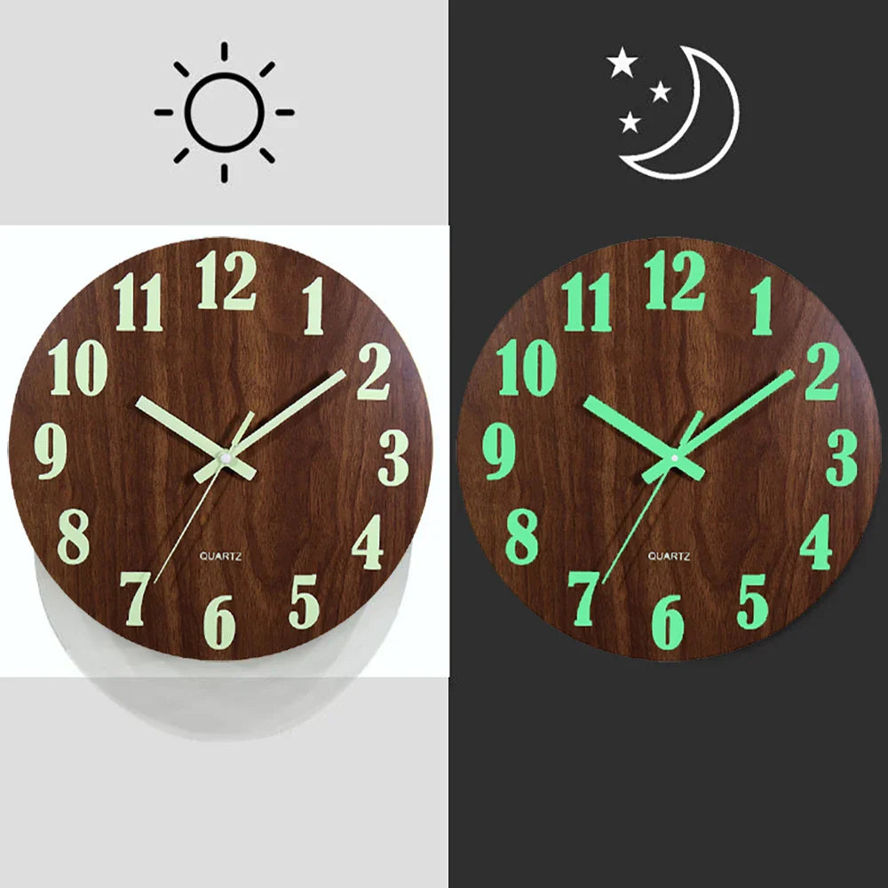 Round Wooden Wall Clock with Glow in the Dark Numbers and Silent Quartz Movement
