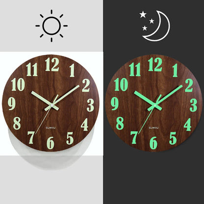 Round Wooden Wall Clock with Glow in the Dark Numbers and Silent Quartz Movement