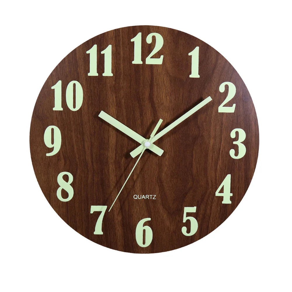 Round Wooden Wall Clock with Glow in the Dark Numbers and Silent Quartz Movement