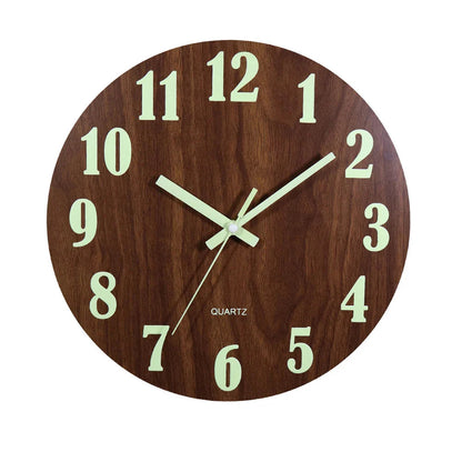 Round Wooden Wall Clock with Glow in the Dark Numbers and Silent Quartz Movement