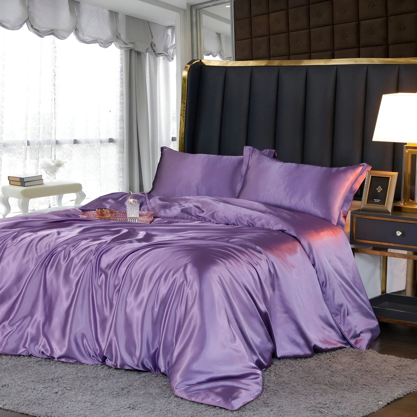 Satin Duvet Cover Set with 2 Pillowcases, Glossy Finish