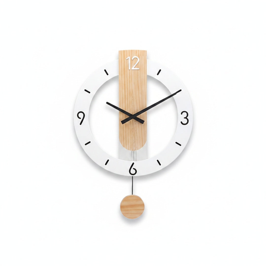 Scandinavian Pendulum Wall Clock with Wood Detail and Round Frame