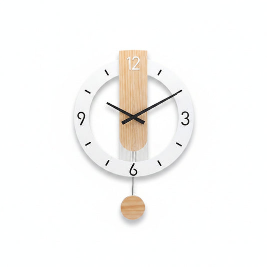 Scandinavian Pendulum Wall Clock with Wood Detail and Round Frame