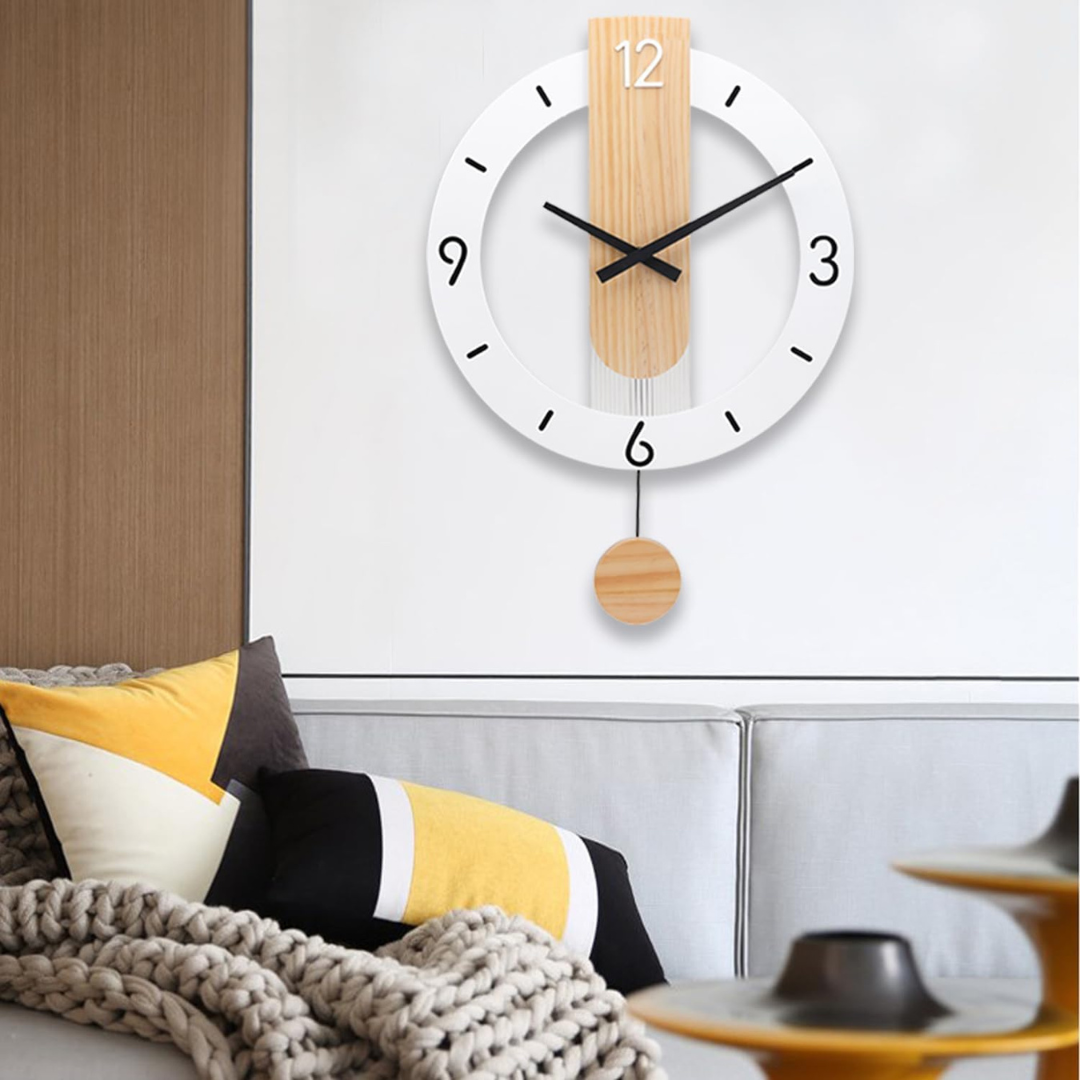 Scandinavian Pendulum Wall Clock with Wood Detail and Round Frame