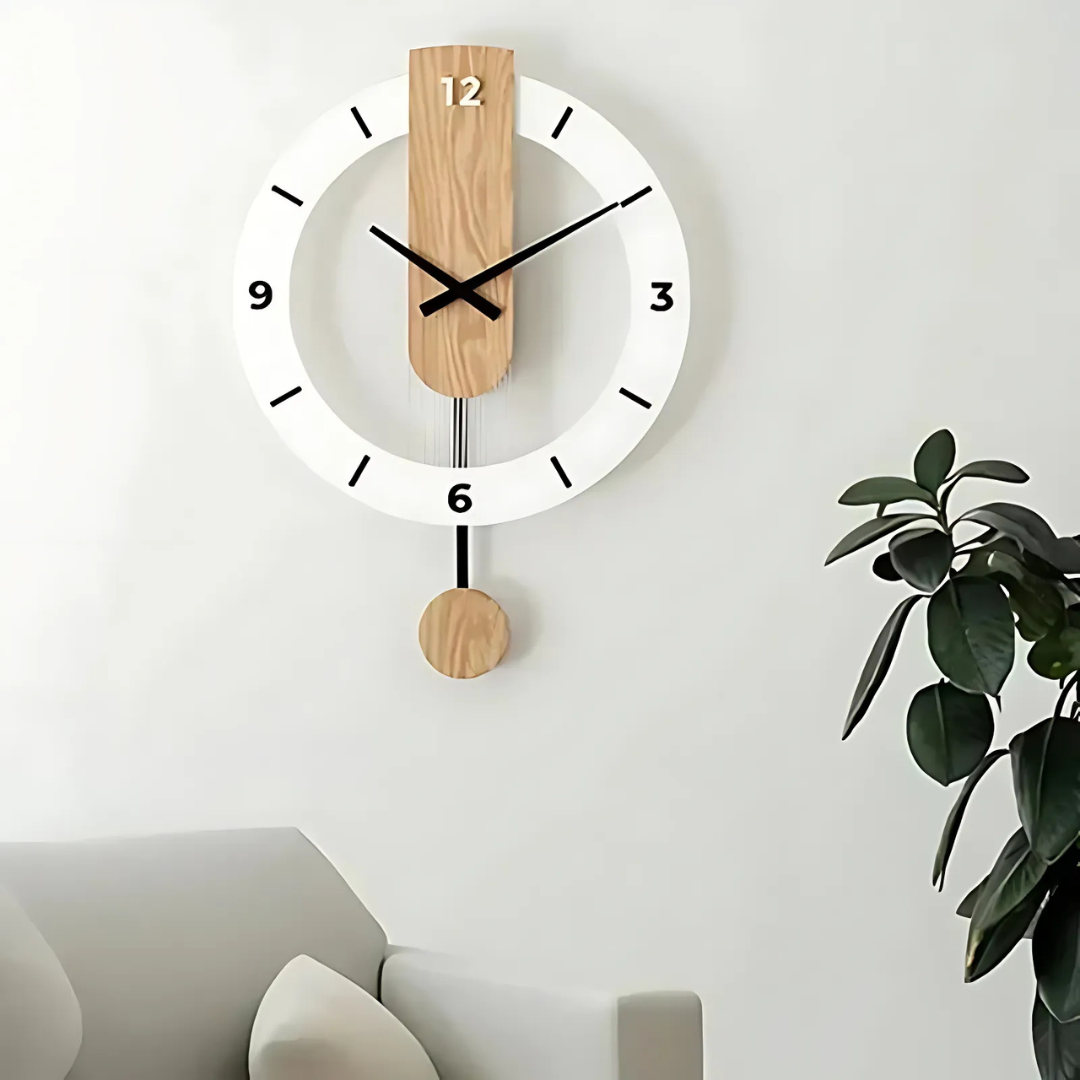 Scandinavian Pendulum Wall Clock with Wood Detail and Round Frame