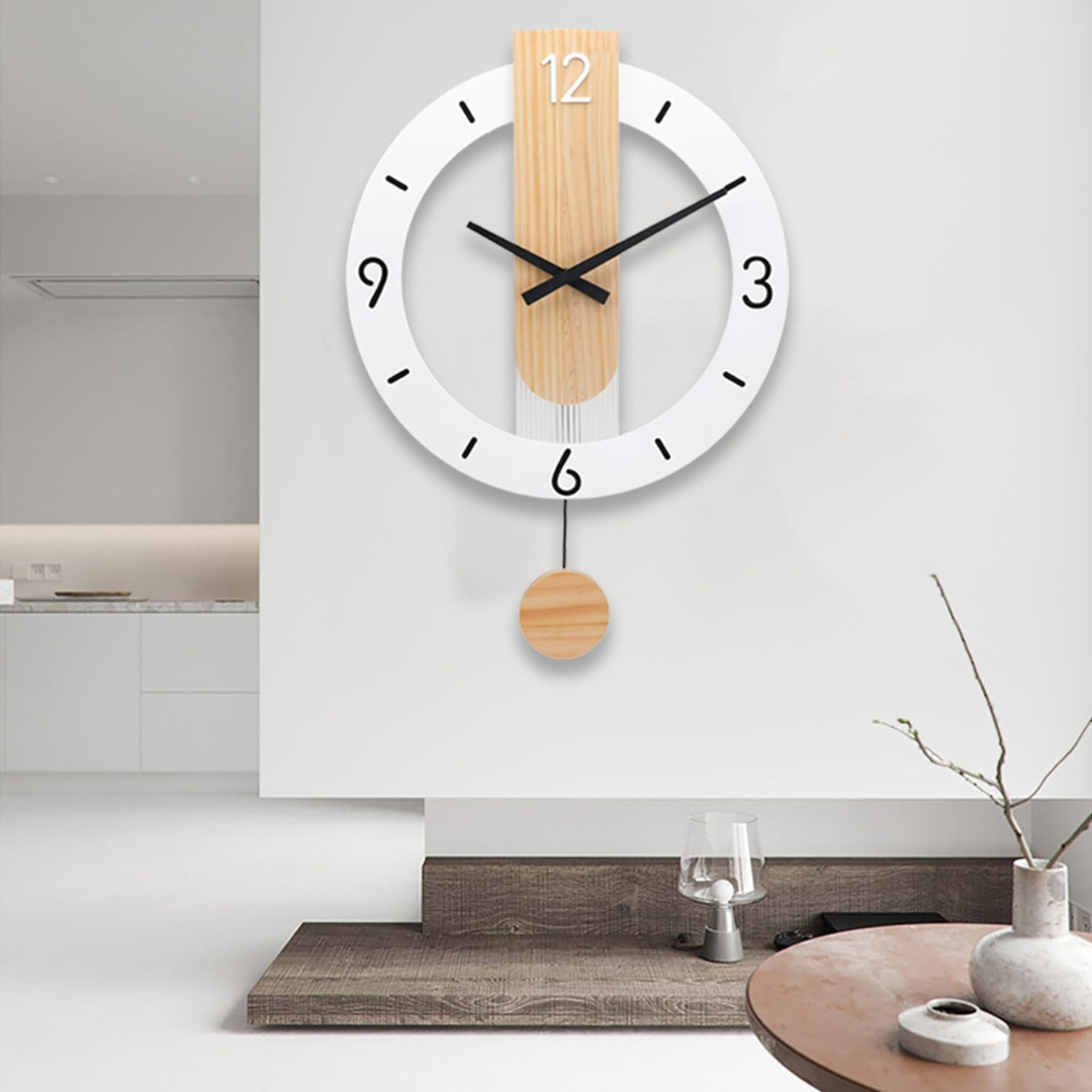 Scandinavian Pendulum Wall Clock with Wood Detail and Round Frame